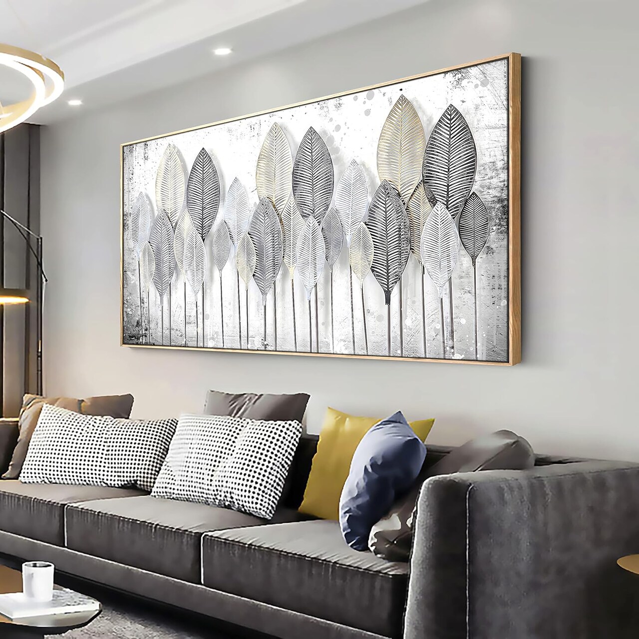 Wall Art Light modern Abstract Canvas wall art Black and white leaves (30"x60" with Framed)